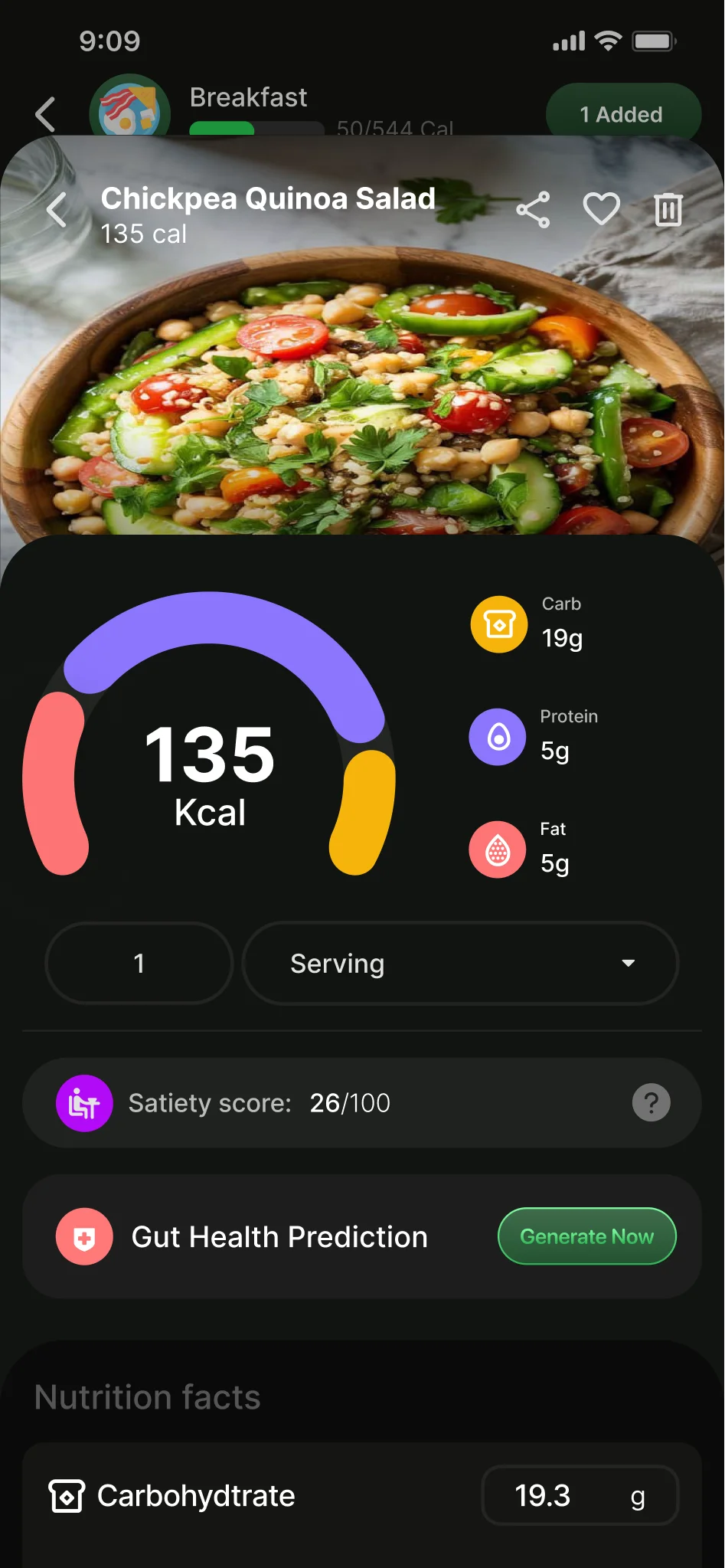 Zorest Macro meal screen showing a chickpea quinoa salad and its nutrition breakdown.